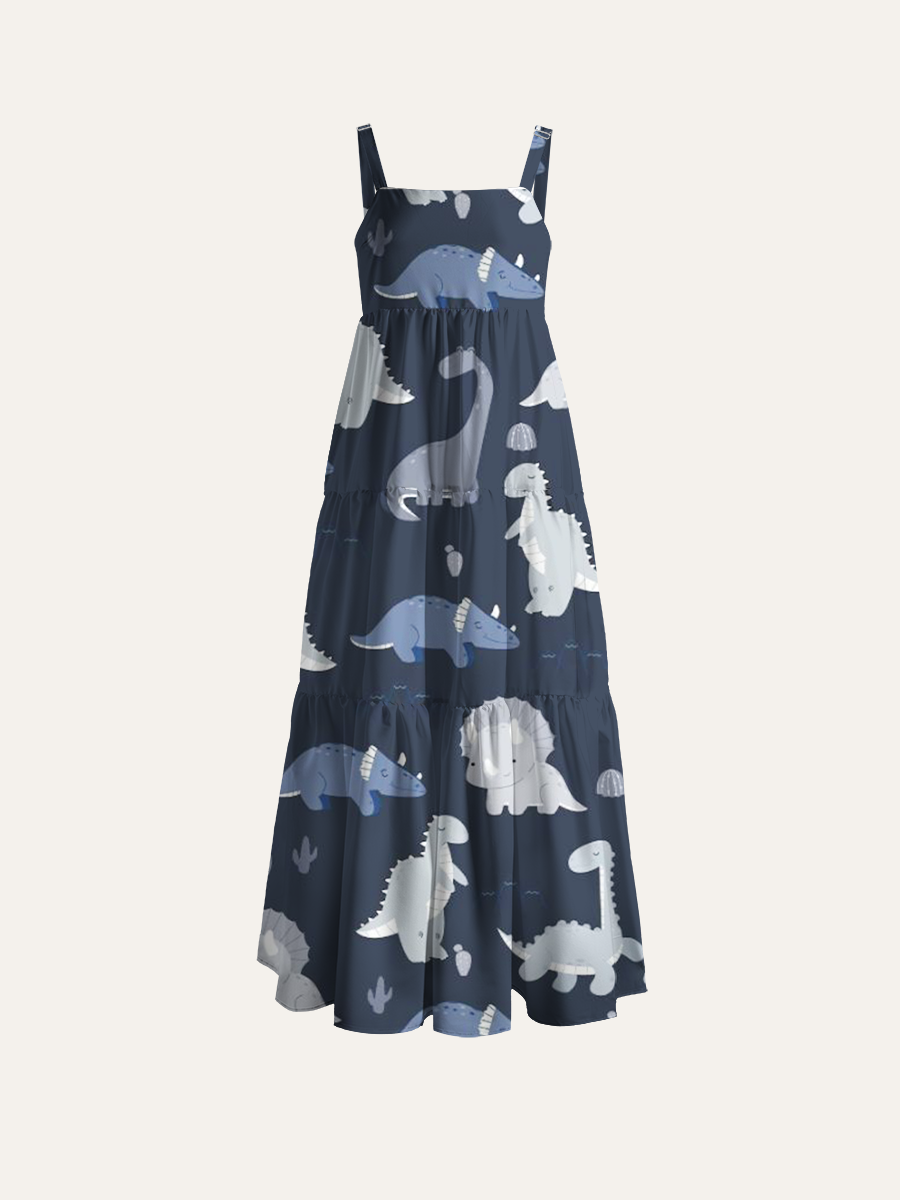 Night Blue Dinosaur Adjustable Wide Straps Maxi Dress