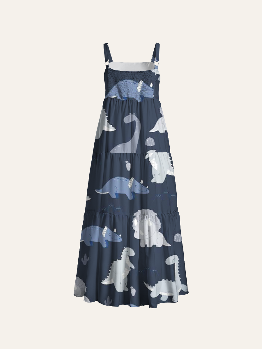 Night Blue Dinosaur Adjustable Wide Straps Maxi Dress