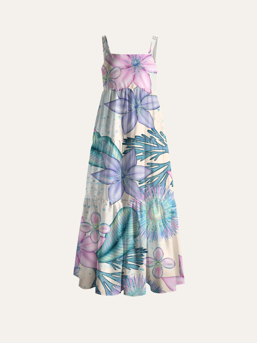 Ethereal Pastel Bloom Adjustable Wide Straps Maxi Dress