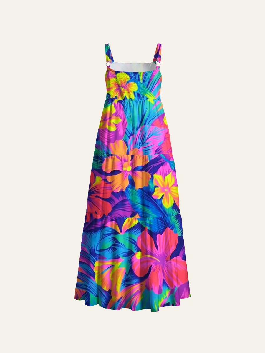 Retro 80s Tropical Floral Adjustable Wide Straps Maxi Dress