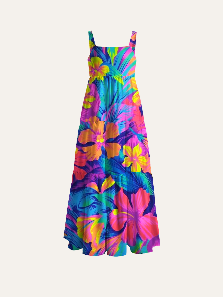 Retro 80s Tropical Floral Adjustable Wide Straps Maxi Dress
