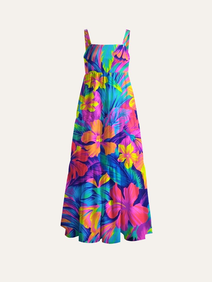 Retro 80s Tropical Floral Adjustable Wide Straps Maxi Dress