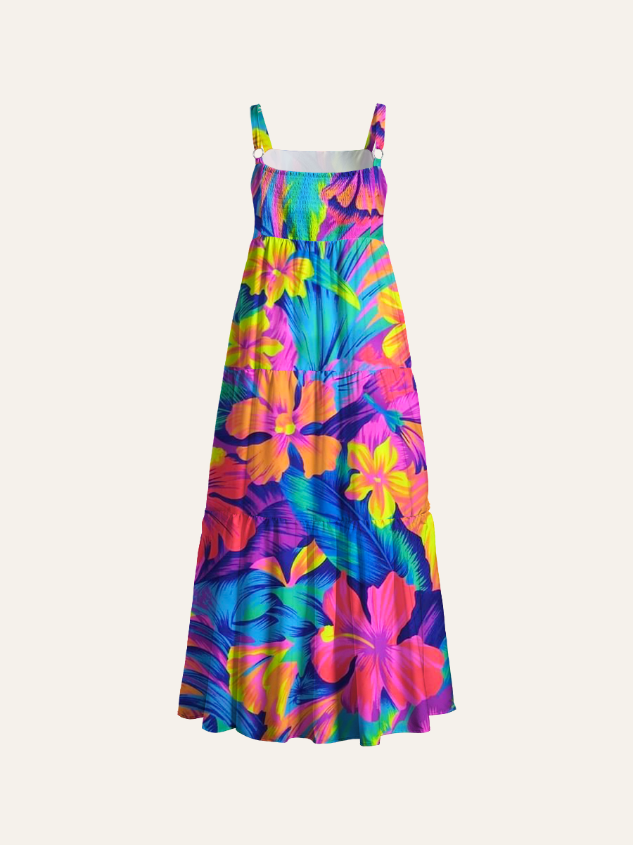 Retro 80s Tropical Floral Adjustable Wide Straps Maxi Dress