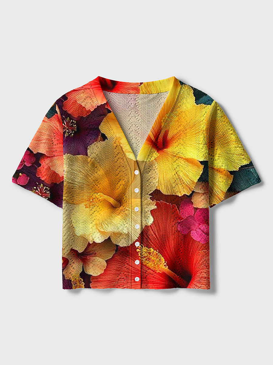 Vibrant Hawaiian Flower Crochet Button Down Cardigan