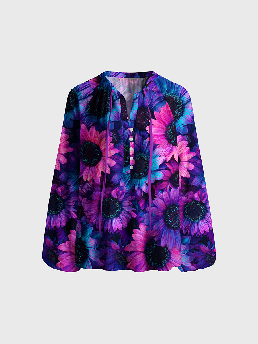 Neon Gradient Sunflower Print Neck Tie Blouse