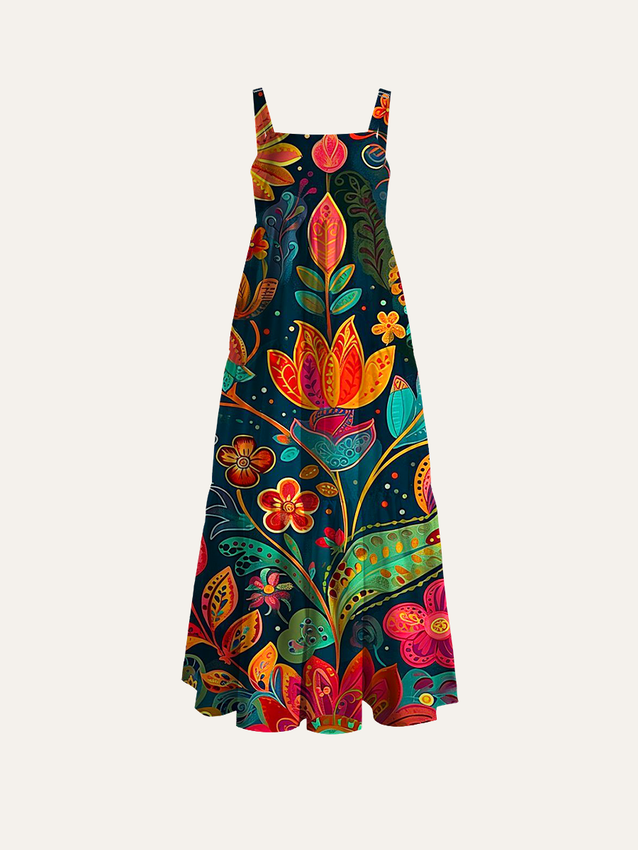 Vibrant Folk Bloom Adjustable Wide Straps Maxi Dress