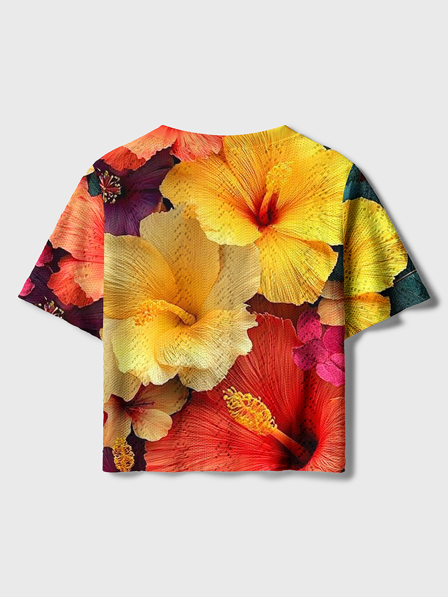 Vibrant Hawaiian Flower Crochet Button Down Cardigan