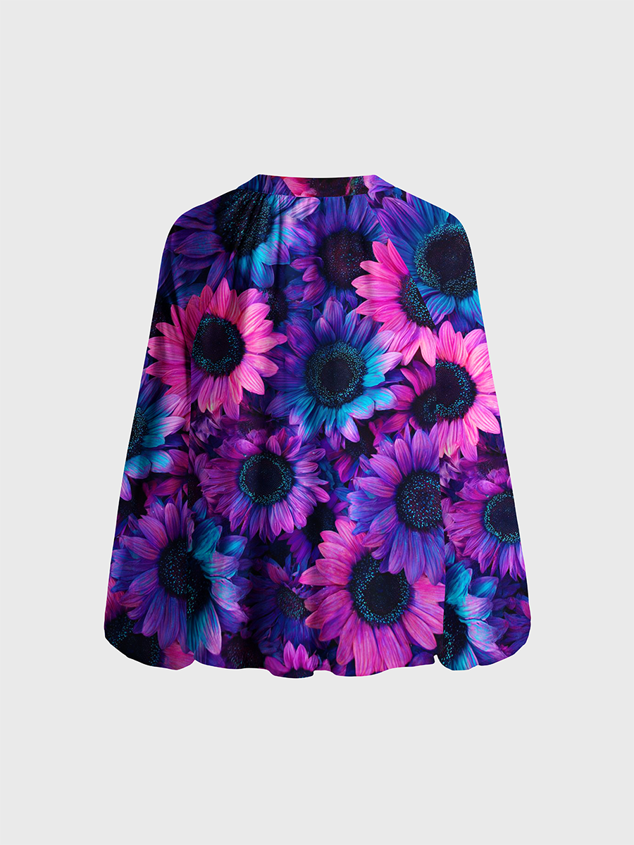Neon Gradient Sunflower Print Neck Tie Blouse