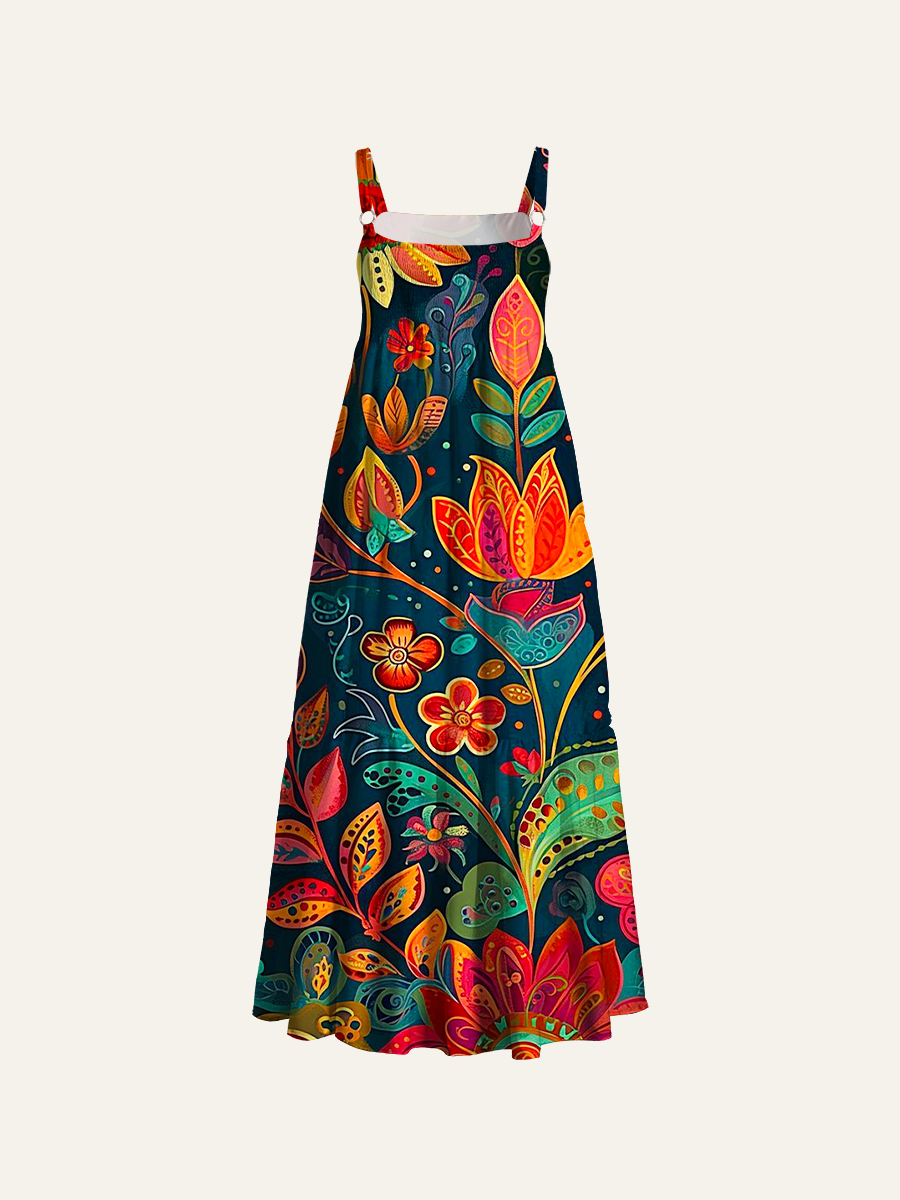 Vibrant Folk Bloom Adjustable Wide Straps Maxi Dress