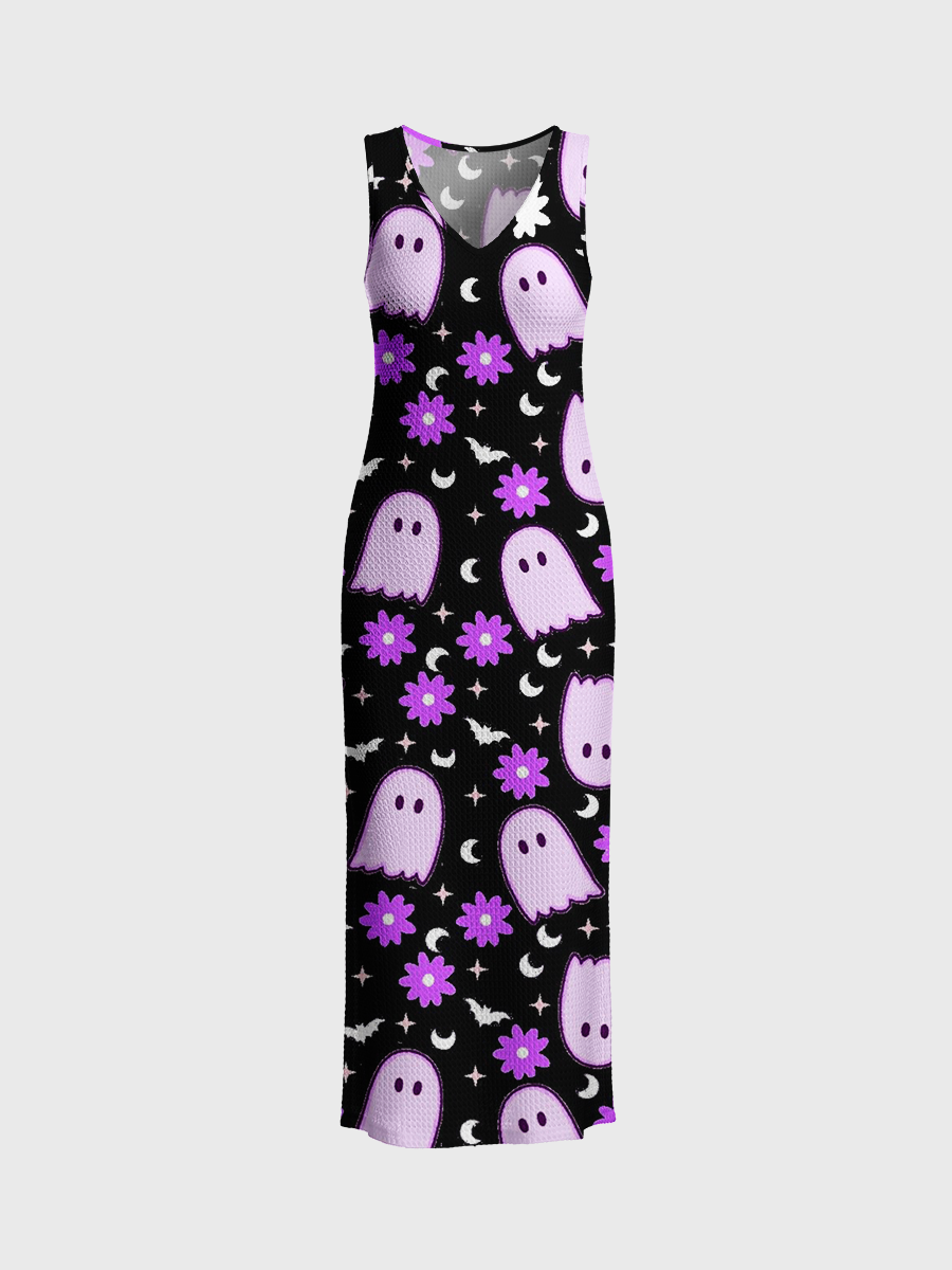 Cute Pastel Purple Ghost Halloween Open Stitch Midi Dress