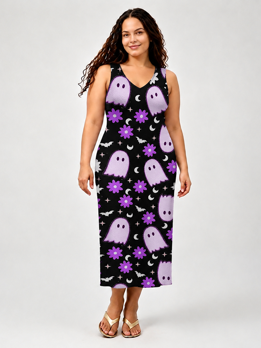 Cute Pastel Purple Ghost Halloween Open Stitch Midi Dress