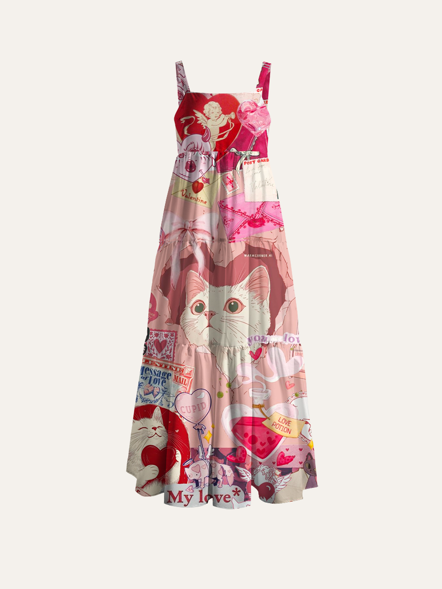Coquette Pink Love Cat Adjustable Wide Straps Maxi Dress