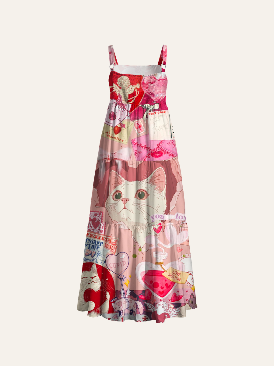 Coquette Pink Love Cat Adjustable Wide Straps Maxi Dress