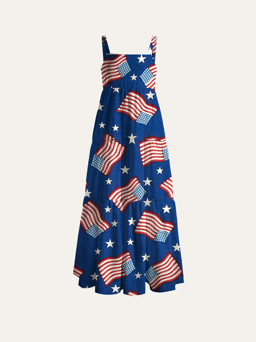 Patriotic Fourth of July Adjustable Wide Straps Maxi Dress