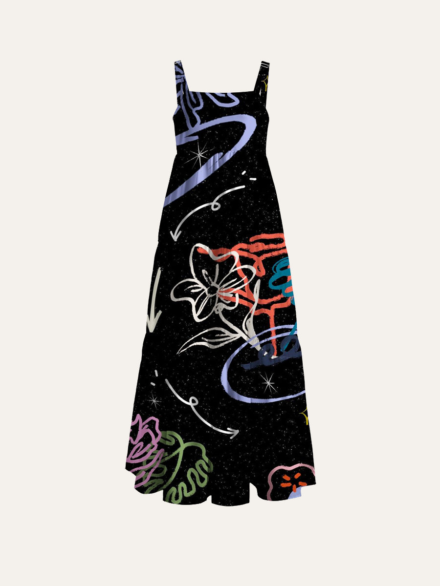 Whimsical Scribble Flower Adjustable Wide Straps Maxi Dress