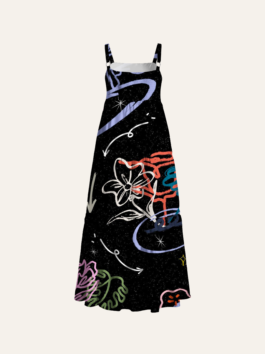 Whimsical Scribble Flower Adjustable Wide Straps Maxi Dress