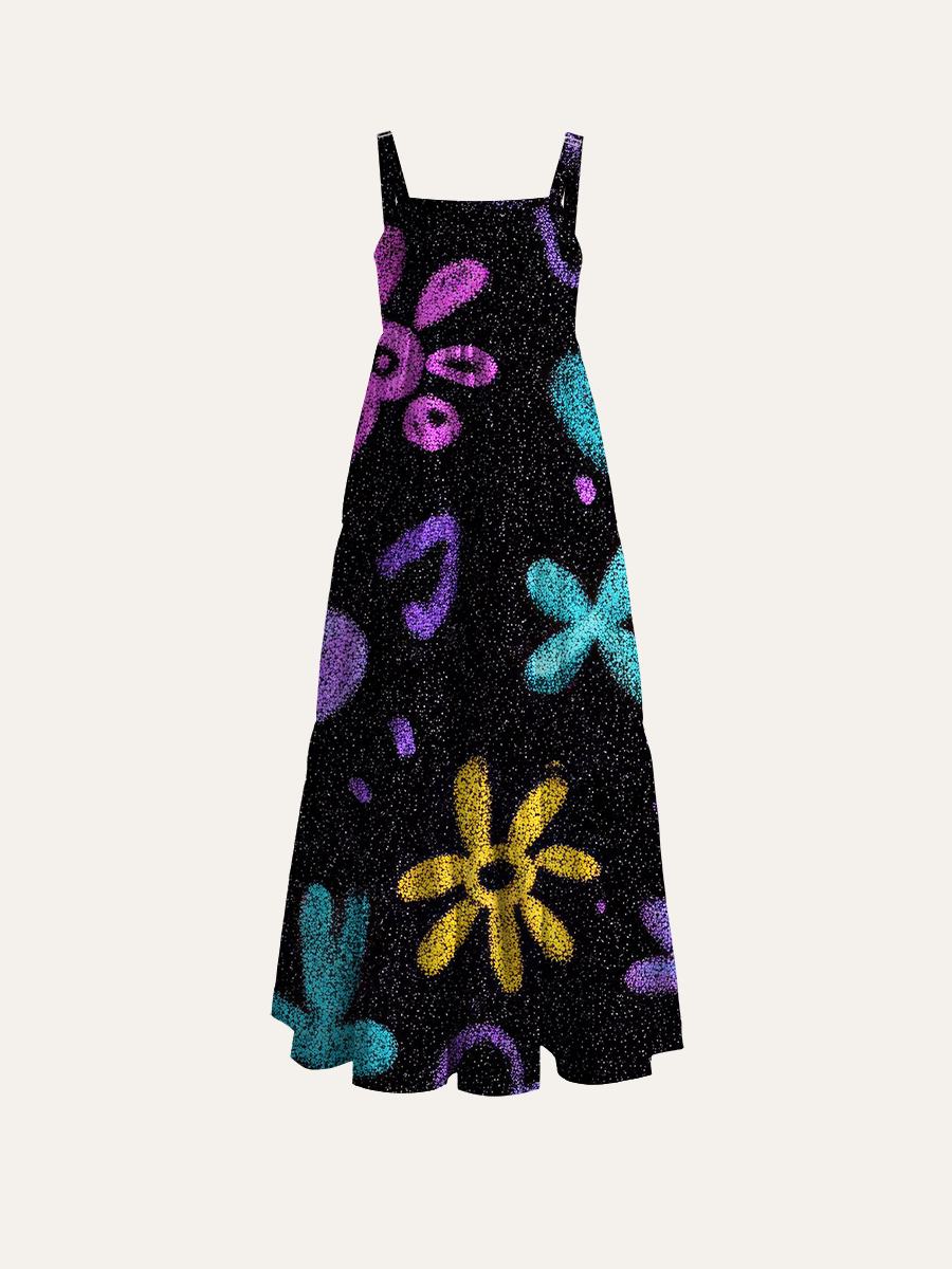 Grunge Stippled Floral Adjustable Wide Straps Maxi Dress