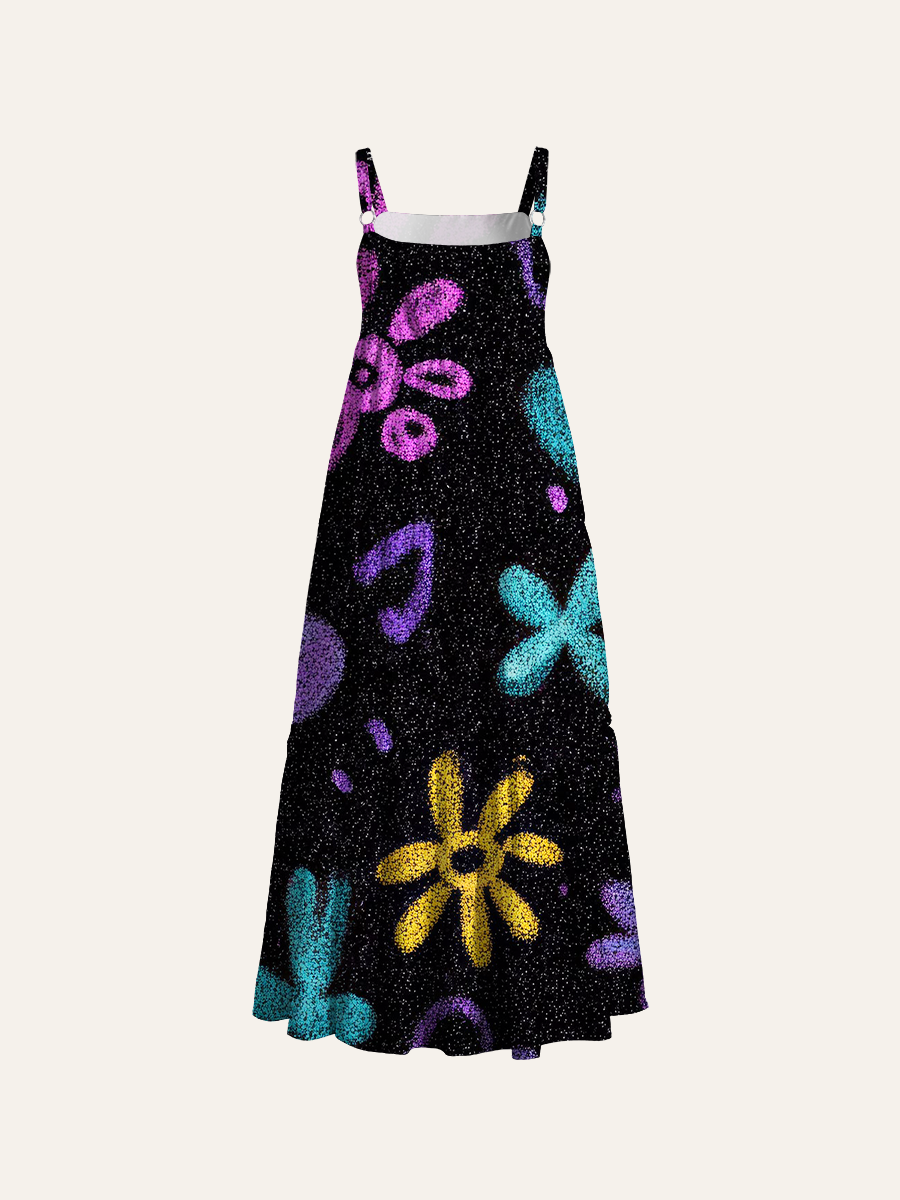 Grunge Stippled Floral Adjustable Wide Straps Maxi Dress