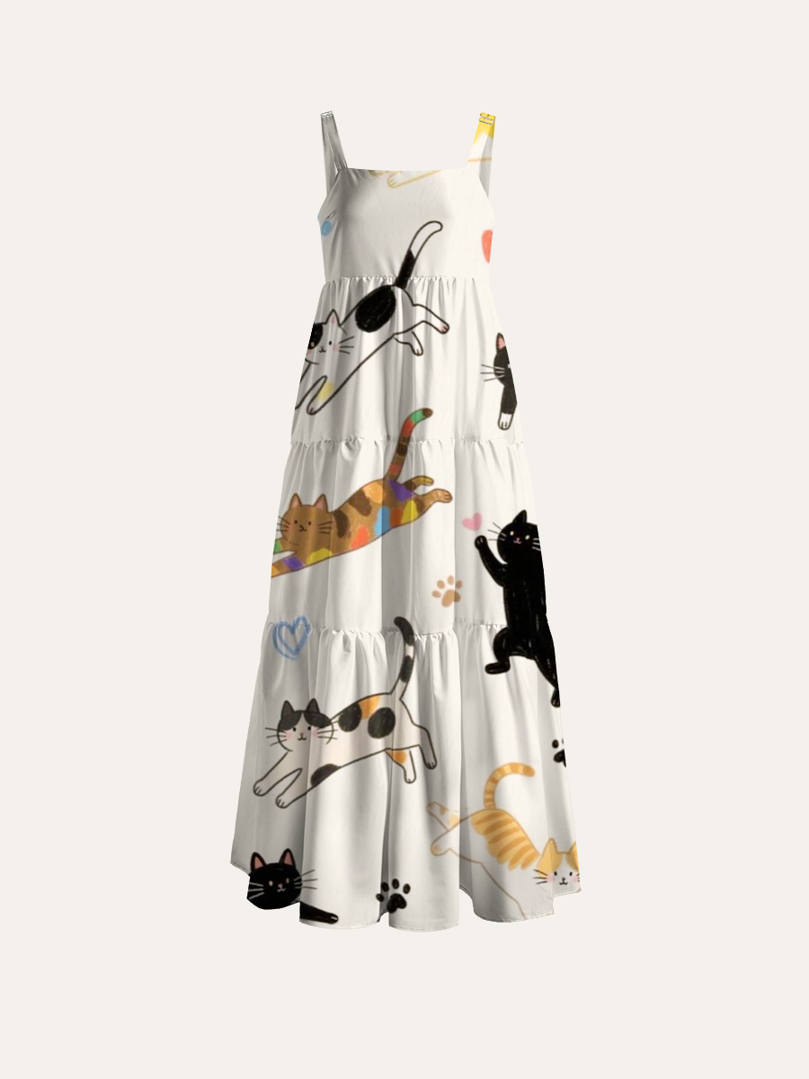 Cute Cartoon Cat Adjustable Wide Straps Maxi Dress