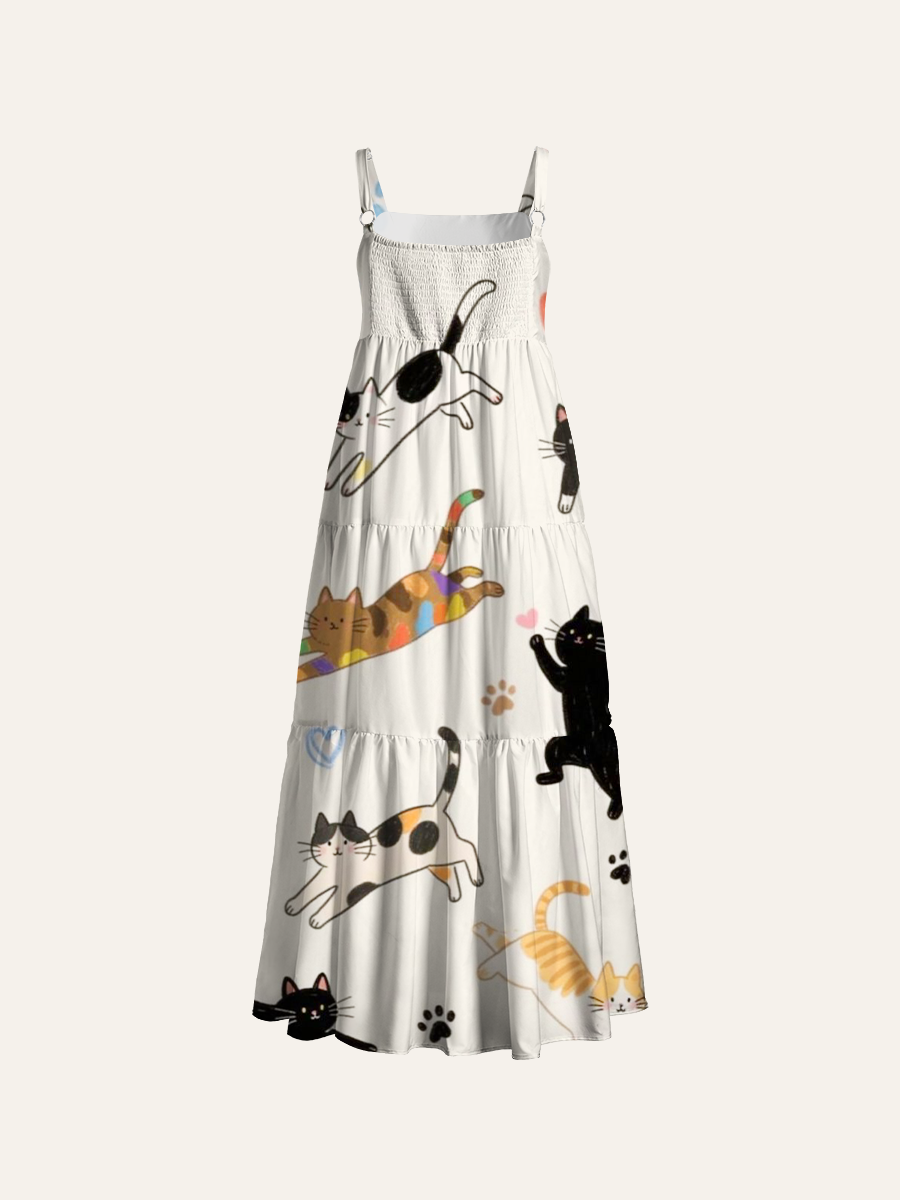 Cute Cartoon Cat Adjustable Wide Straps Maxi Dress