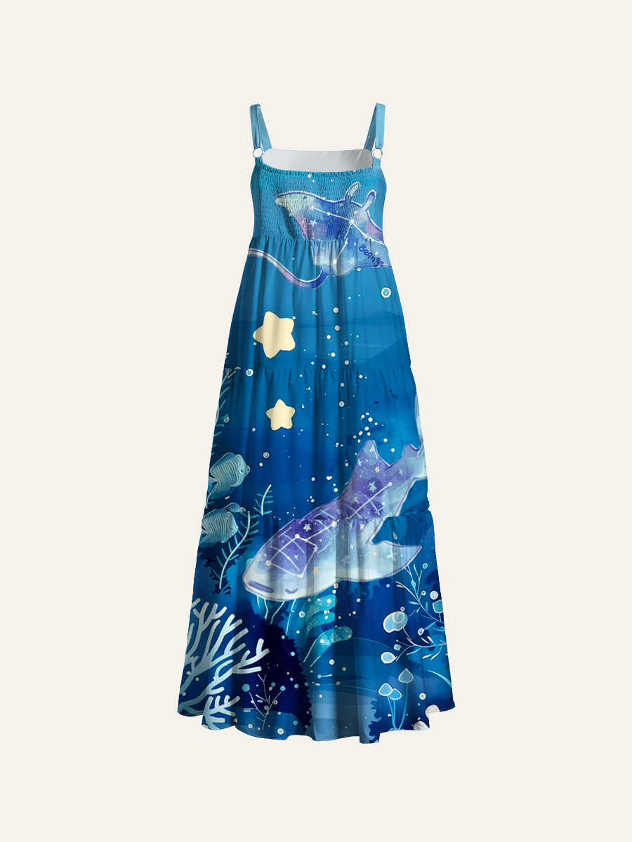 Cosmic Ocean Whale Shark Adjustable Wide Straps Maxi Dress