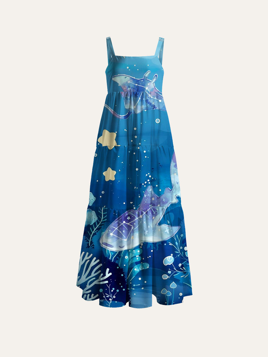 Cosmic Ocean Whale Shark Adjustable Wide Straps Maxi Dress