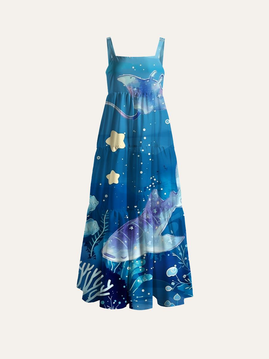 Cosmic Ocean Whale Shark Adjustable Wide Straps Maxi Dress