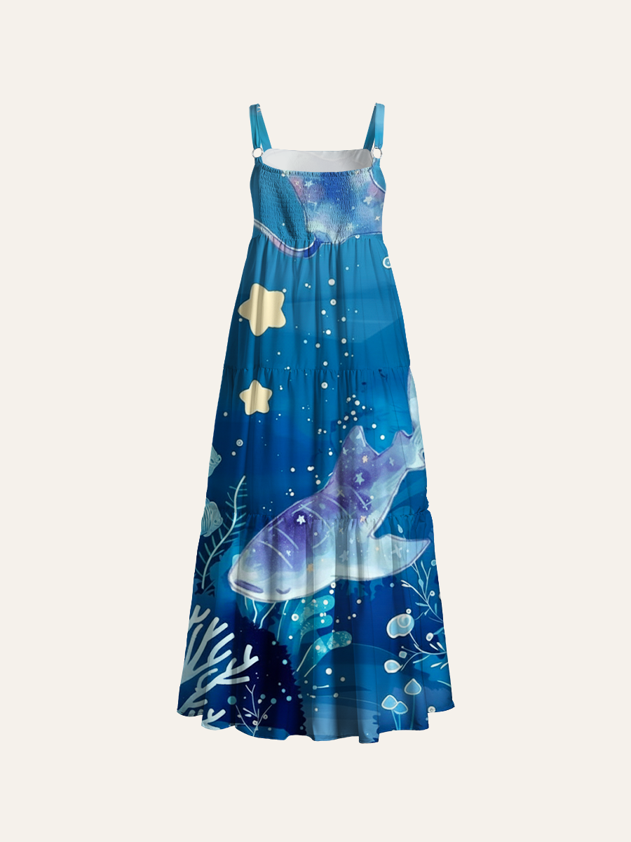 Cosmic Ocean Whale Shark Adjustable Wide Straps Maxi Dress