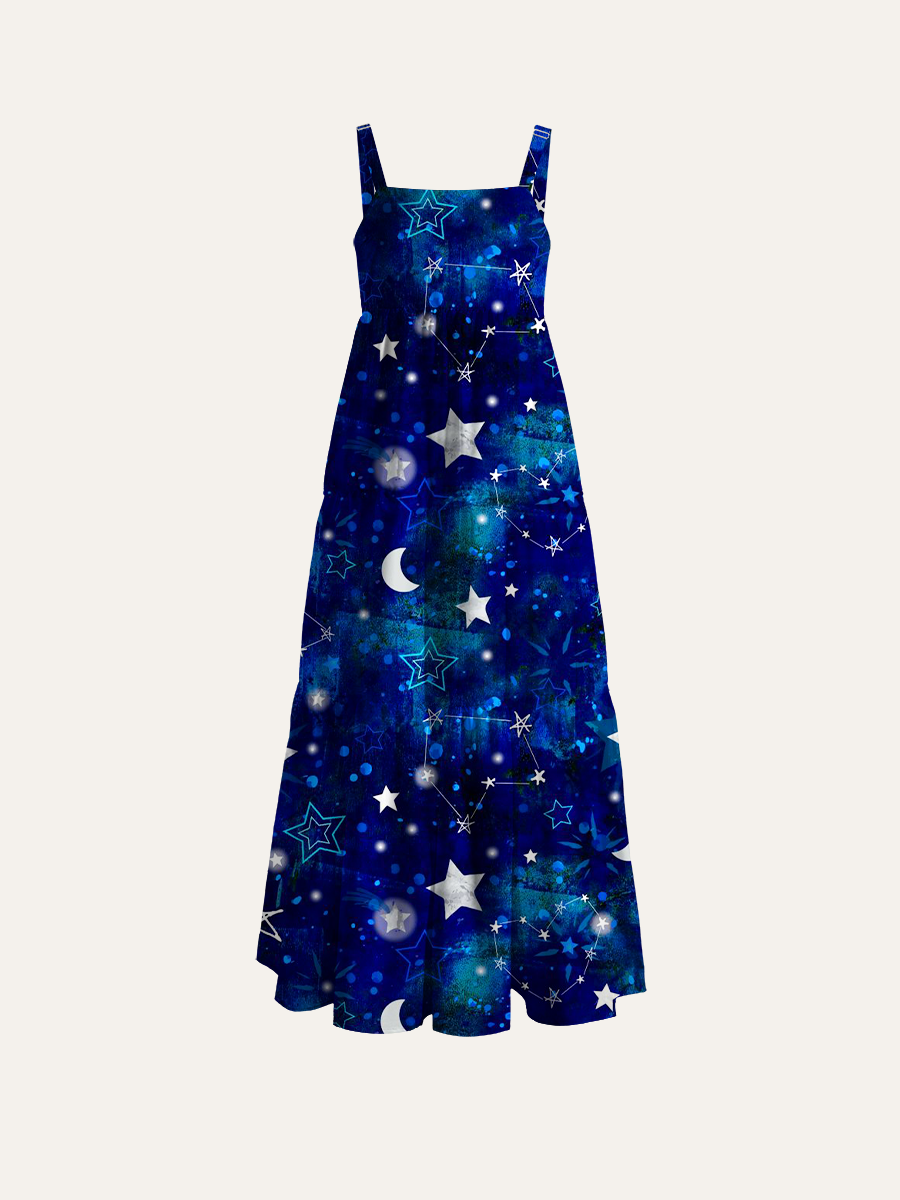 Celestial Moon & Stars Adjustable Wide Straps Maxi Dress