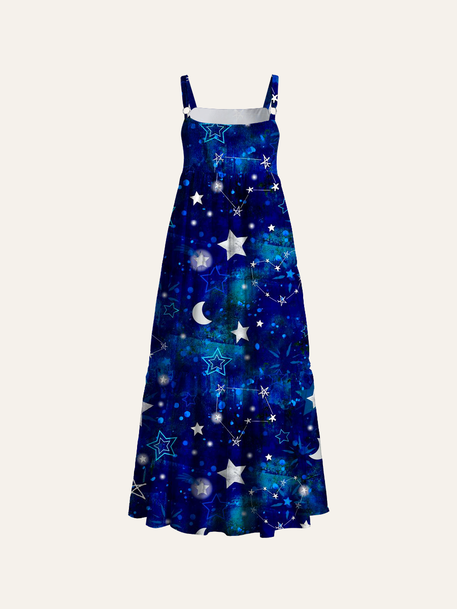Celestial Moon & Stars Adjustable Wide Straps Maxi Dress