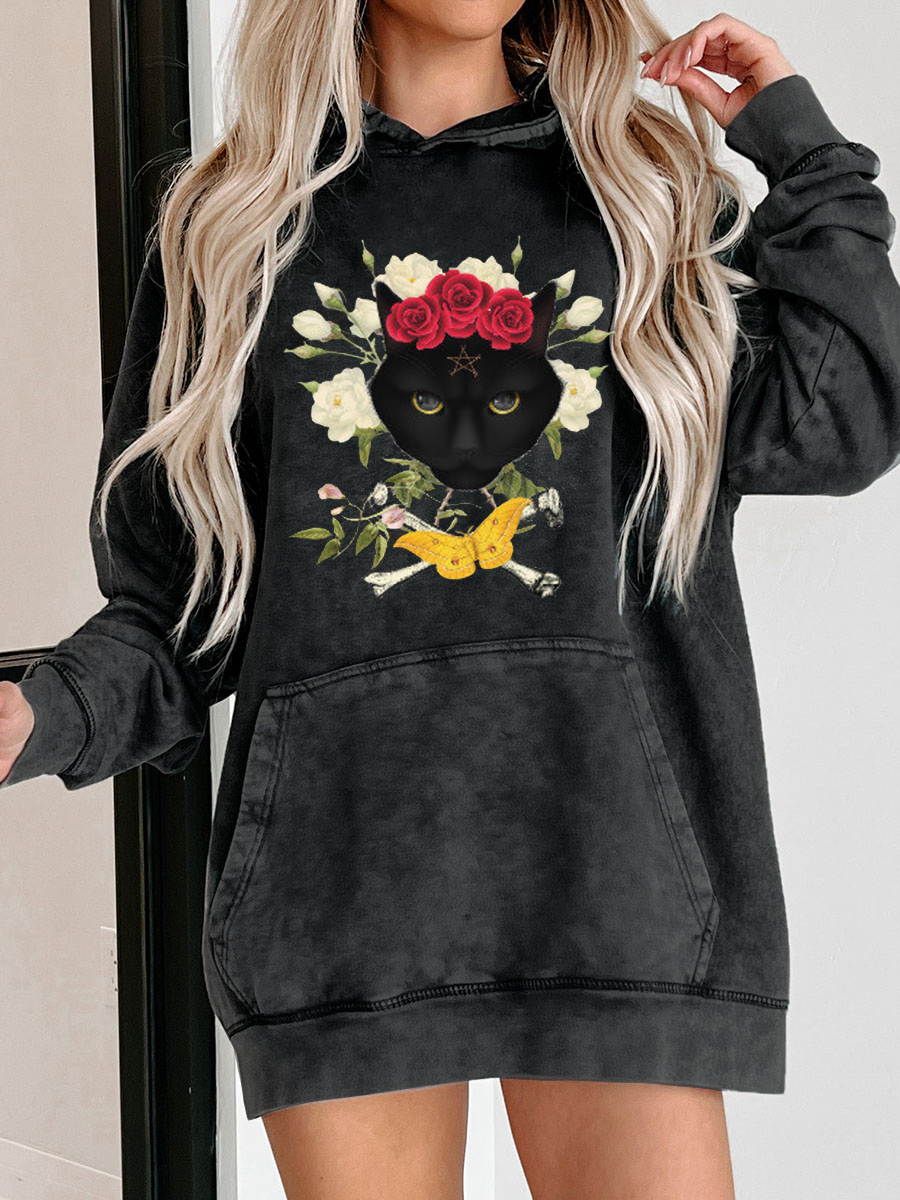 Plus Size Black Cat Soul Washed Hoodie