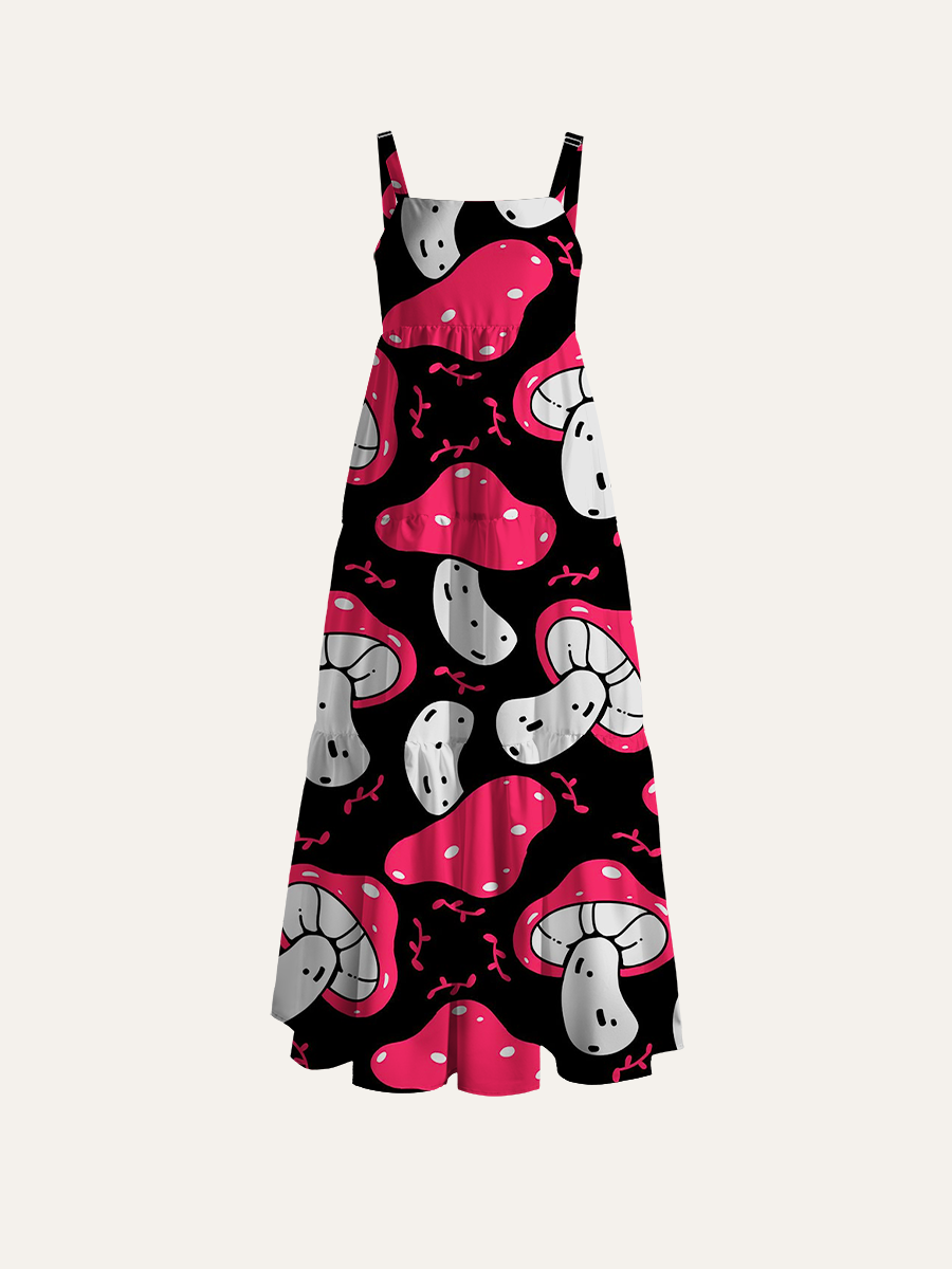 Cute Spotted Mushroom Adjustable Wide Straps Maxi Dress