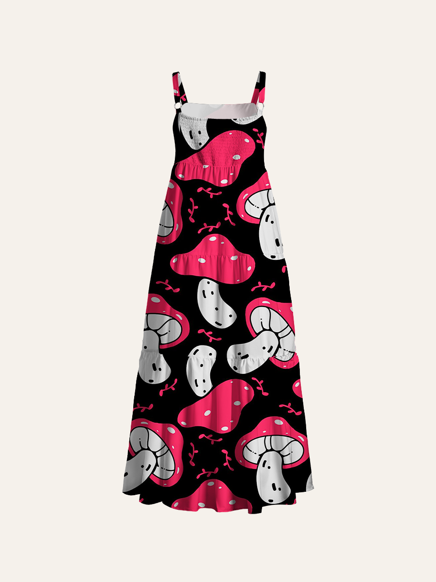 Cute Spotted Mushroom Adjustable Wide Straps Maxi Dress