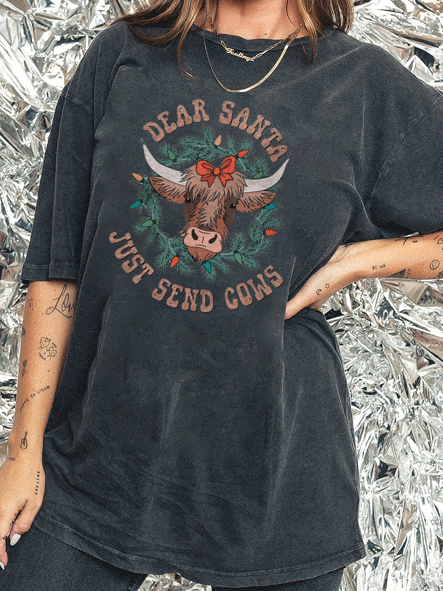 Plus Size Christmas Cow Washed T-Shirt