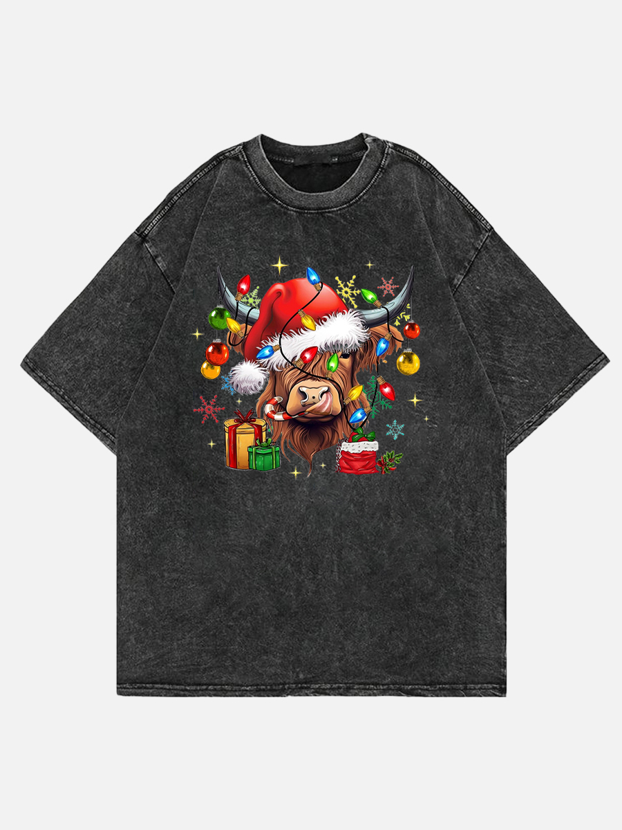 Plus Size Cow Christmas Lights Washed T-Shirt
