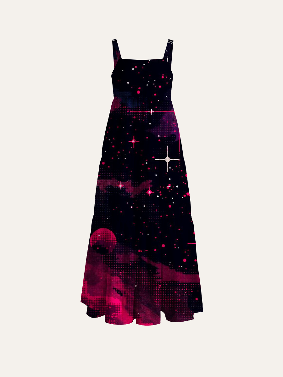 Neon Pink Pixel Galaxy Adjustable Wide Straps Maxi Dress