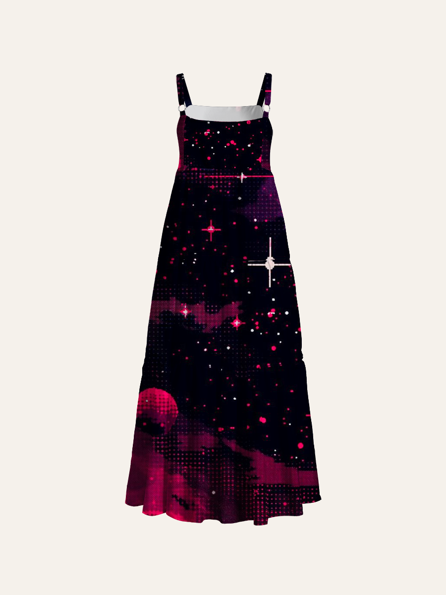 Neon Pink Pixel Galaxy Adjustable Wide Straps Maxi Dress