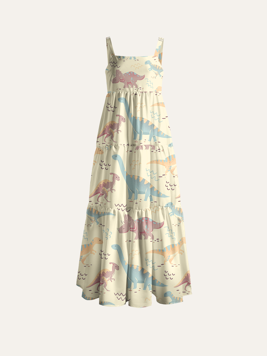 Whimsical Dinosaur Adjustable Wide Straps Maxi Dress
