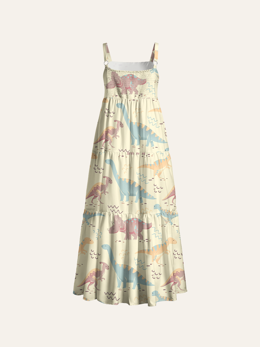 Whimsical Dinosaur Adjustable Wide Straps Maxi Dress
