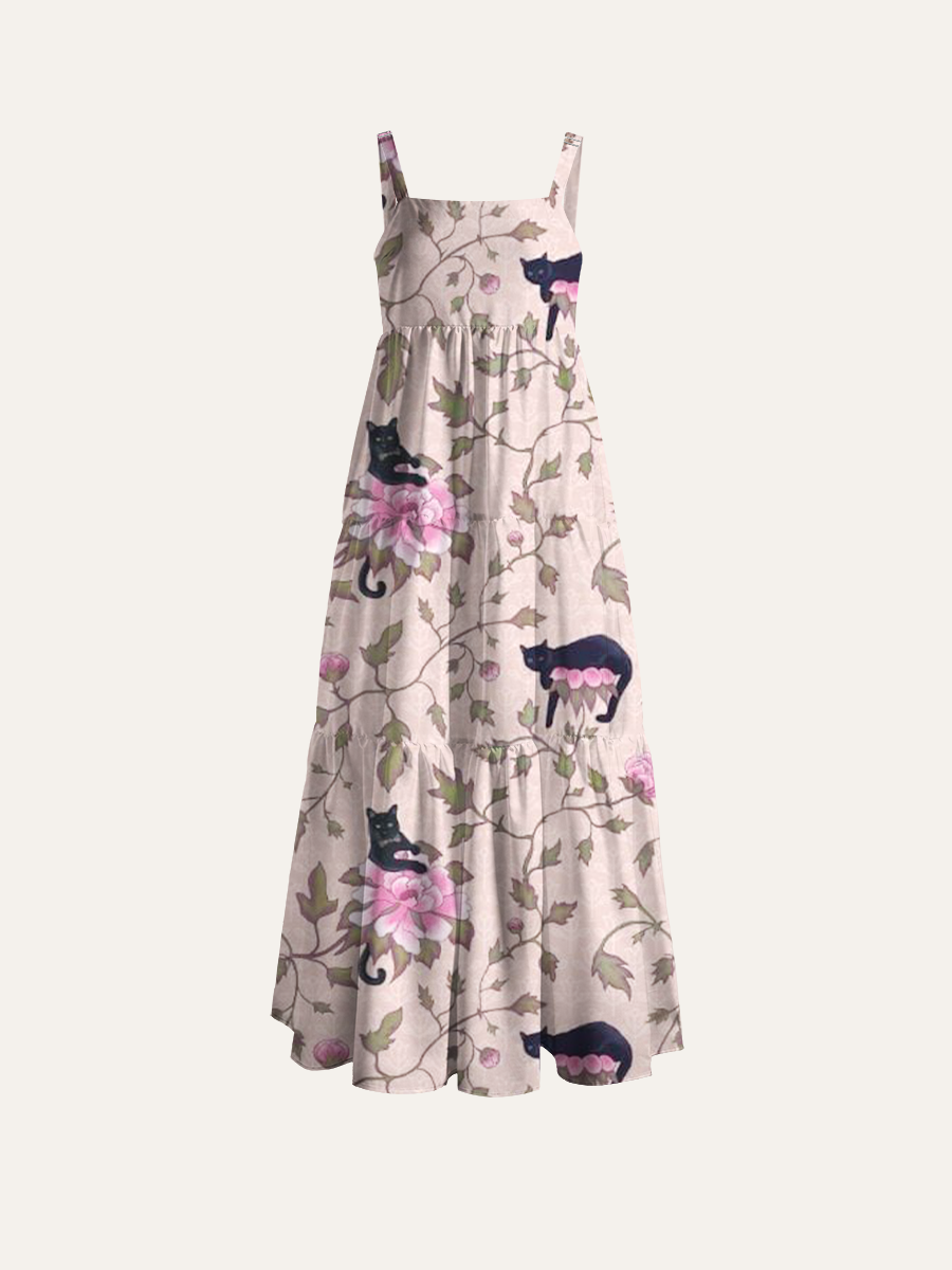 Black Cat Bloom Adjustable Wide Straps Maxi Dress