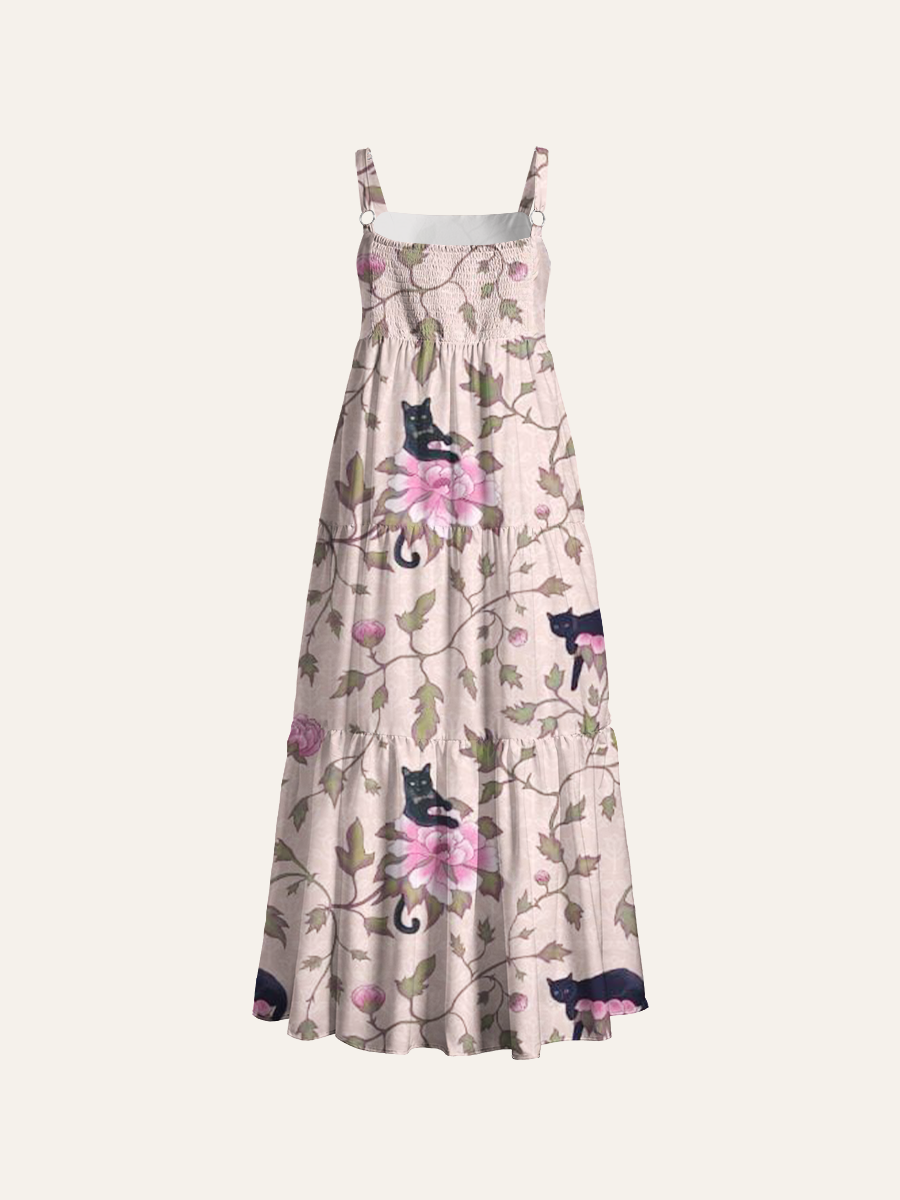 Black Cat Bloom Adjustable Wide Straps Maxi Dress