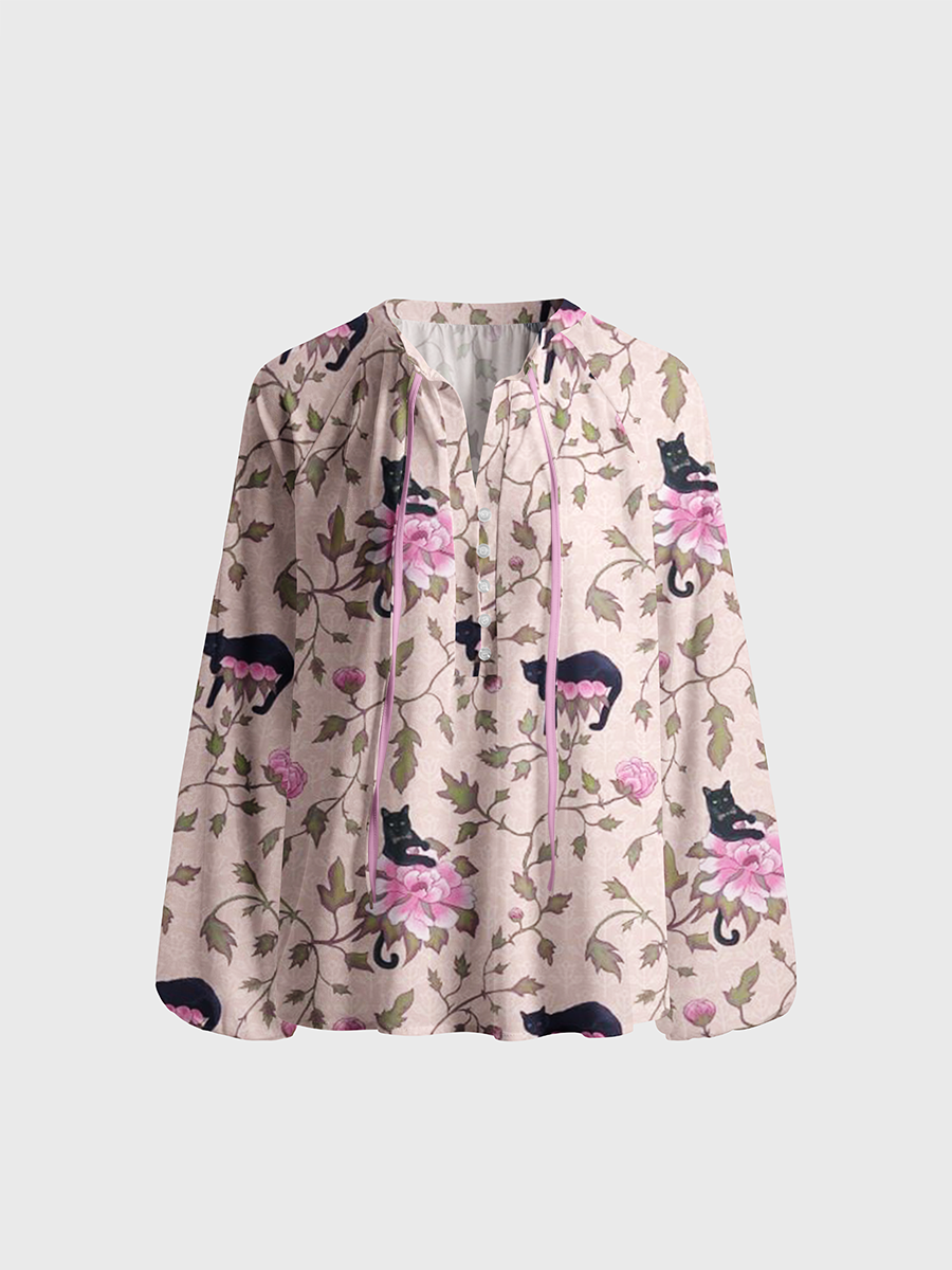 Black Cat Bloom Neck Tie Blouse
