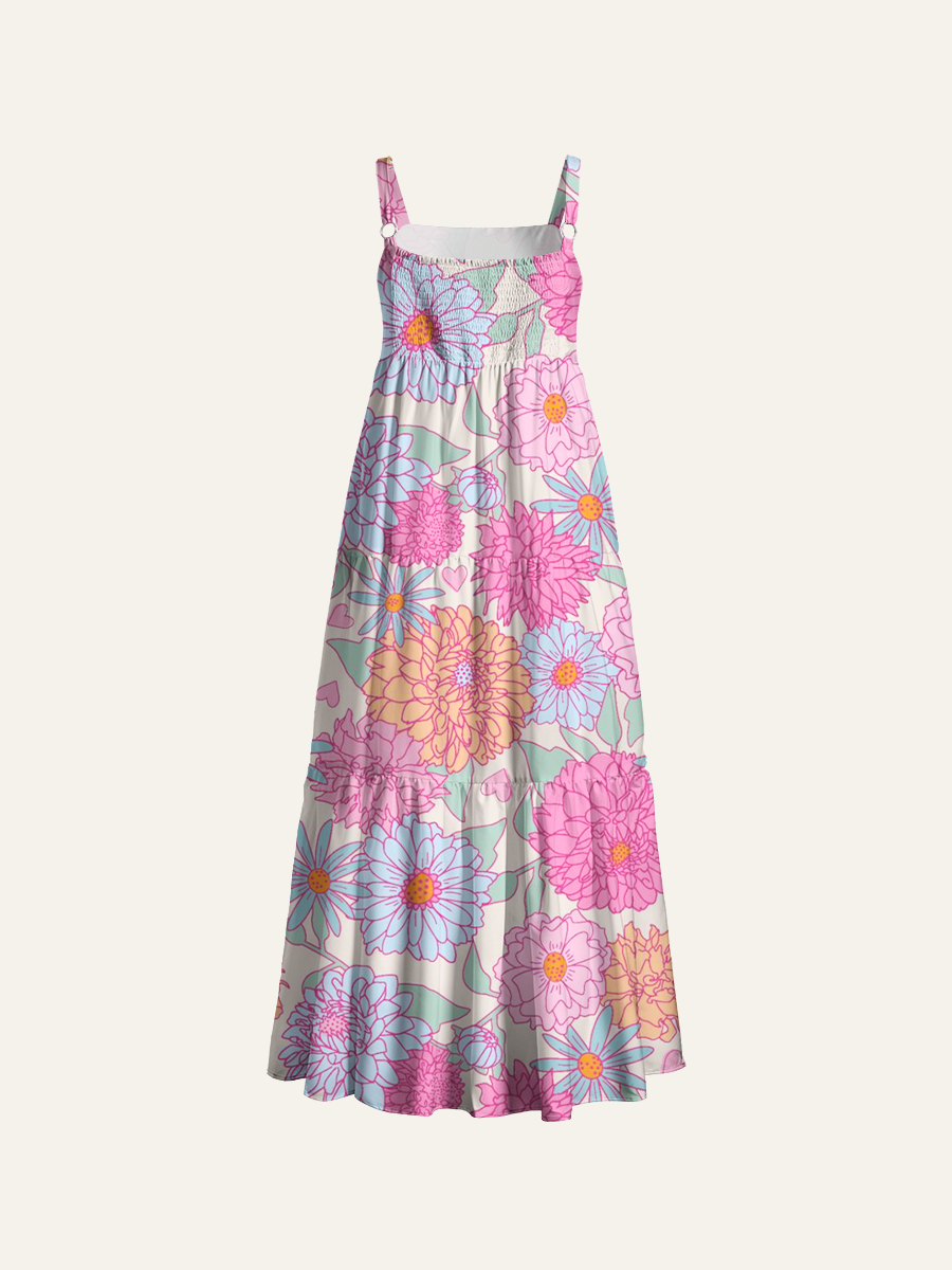 Pastel Ditsy Dahlia Floral Adjustable Wide Straps Maxi Dress