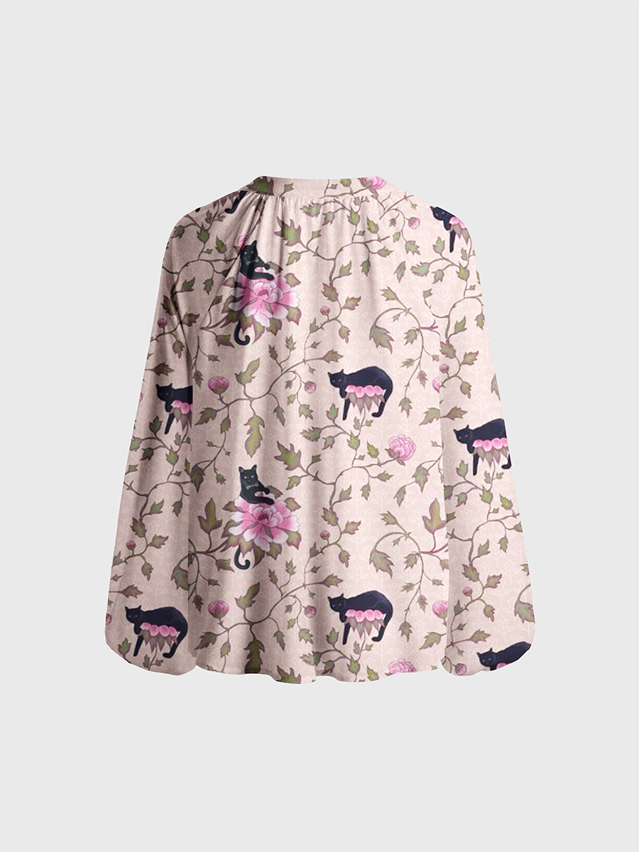 Black Cat Bloom Neck Tie Blouse