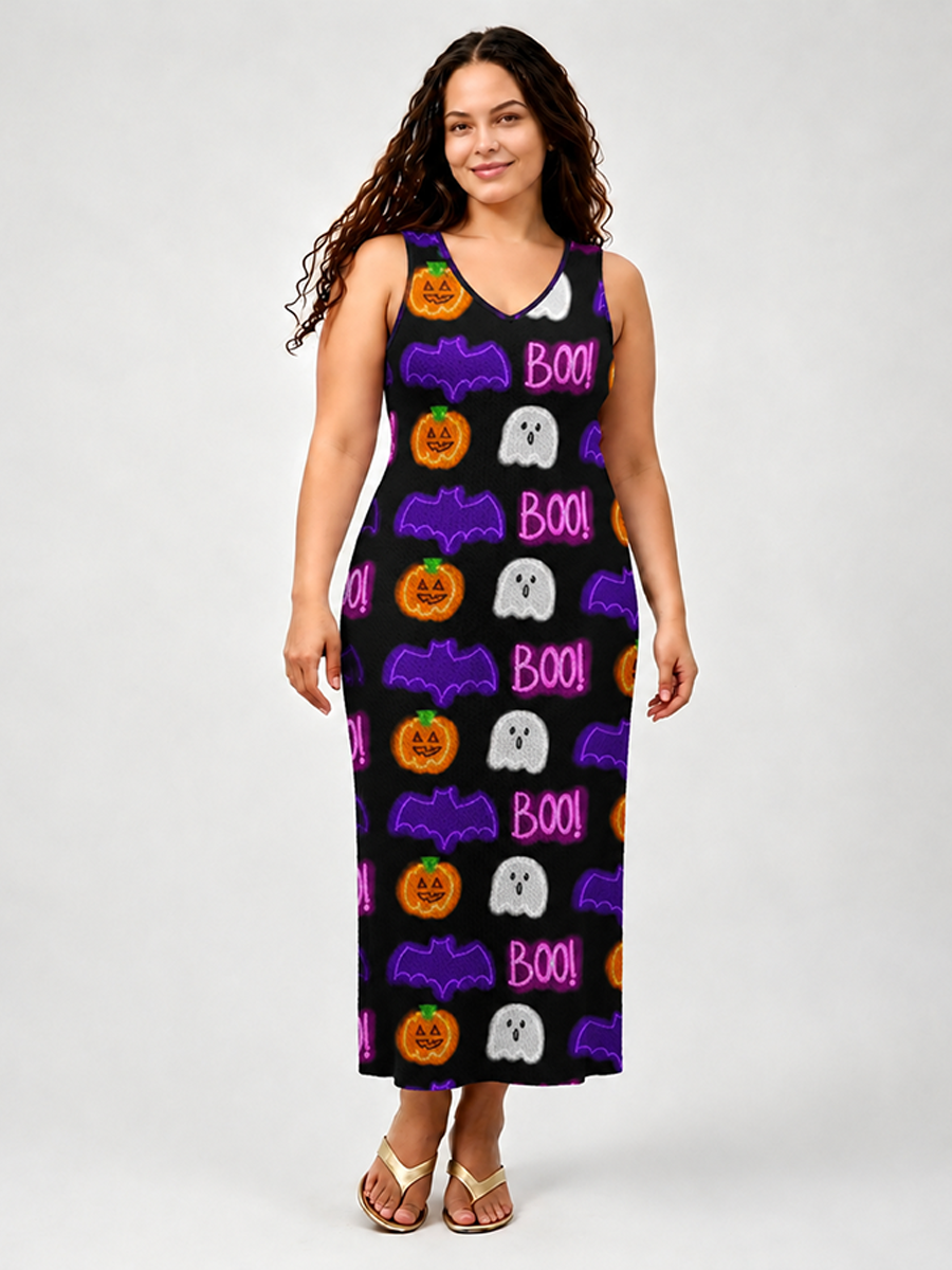 Neon Glow Halloween Block Open Stitch Midi Dress