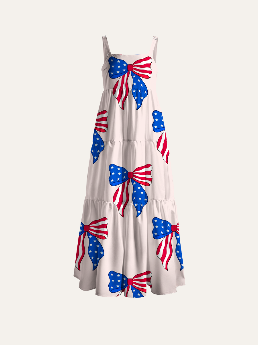 Fourth of July Bow Adjustable Wide Straps Maxi Dress