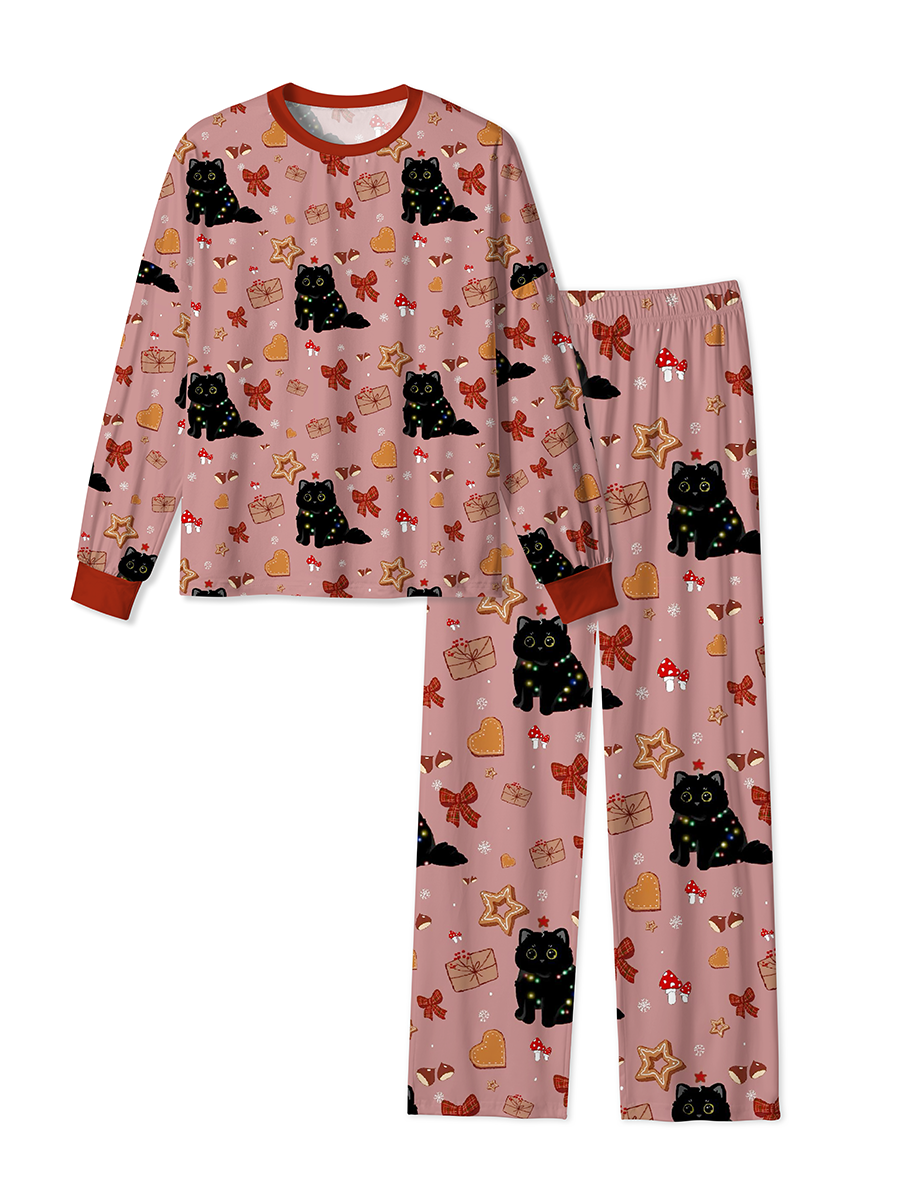 Vintage Dusty Rose Christmas Black Cat Mixed Pajamas