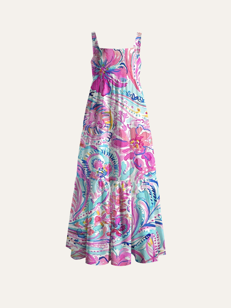 Watercolor Paisley Floral Adjustable Wide Straps Maxi Dress
