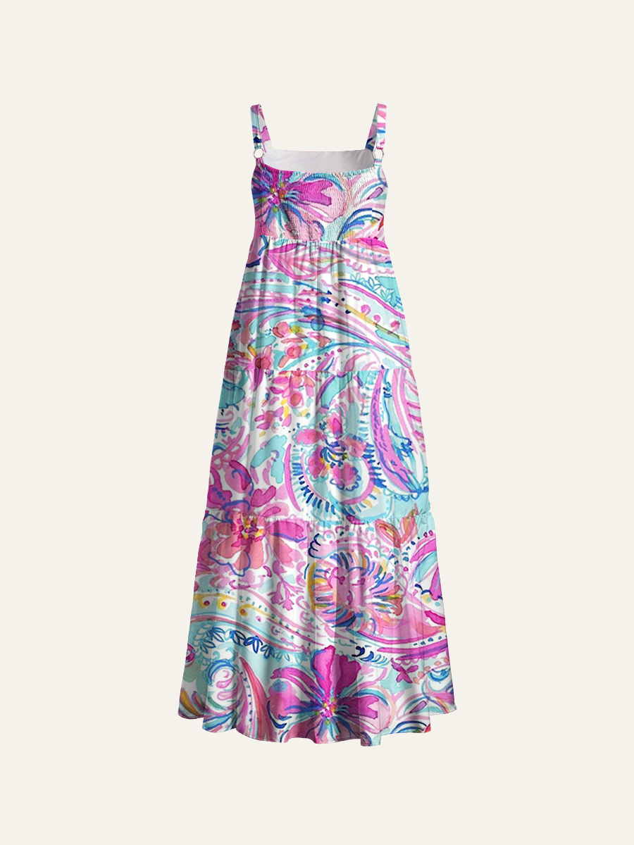 Watercolor Paisley Floral Adjustable Wide Straps Maxi Dress