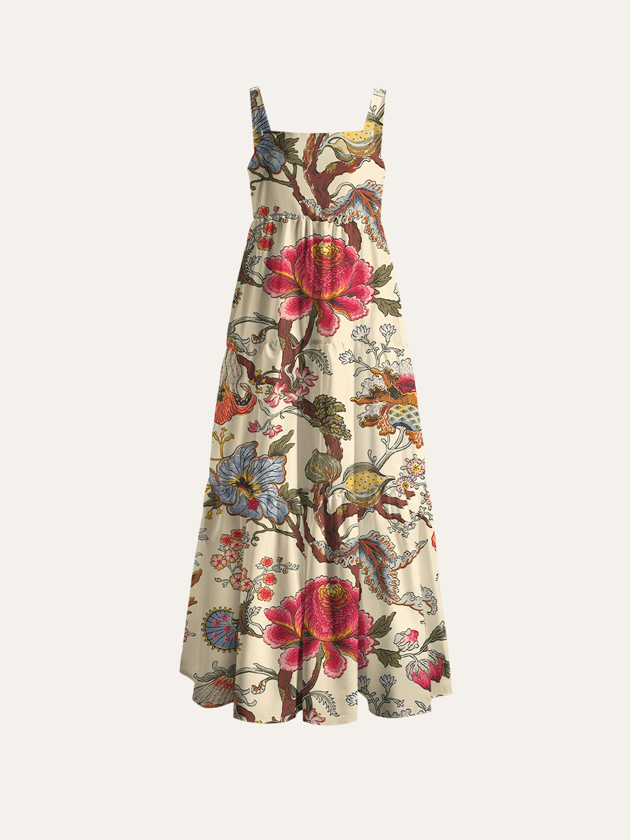 Vintage Chintz Botanical Adjustable Wide Straps Maxi Dress